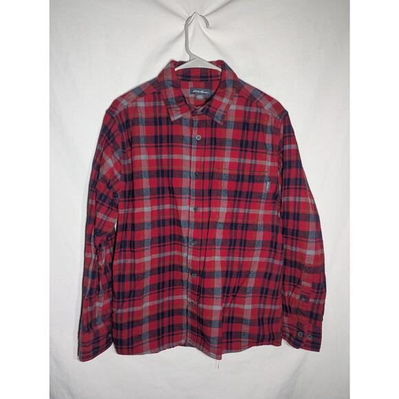 EDDIE BAUER Red Blue Gray Plaid Button Up Flannel Shirt Long Sleeve Mens Sz L - Picture 1 of 6